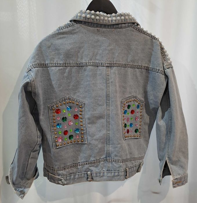 Piękna Miękka Błękitna Katana Kurtka Jeansowa Cyrkonie Perły M/L