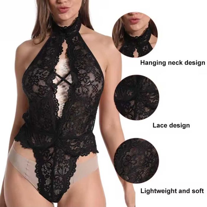 Seksowny kombinezon z wycięciem na plecach koronkowy czarny rozmiar L
