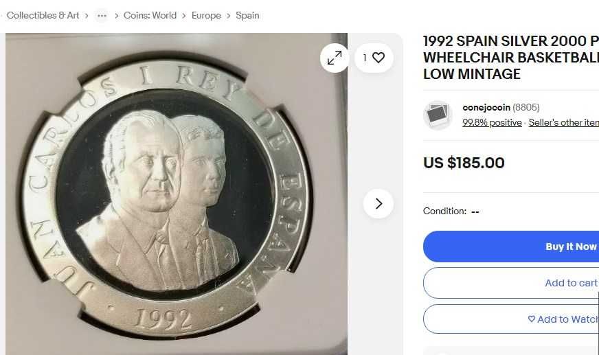 Серебряная монета Олимпиада Испания Серебро Олимпийские монеты Proof