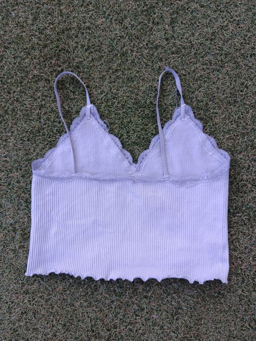 Top Curto Cinzento com Renda | Lace Ribbed Crop Top