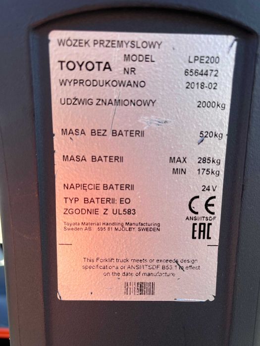 Paleciak elektryczny TOYOTA LPE200 - 2018 rok