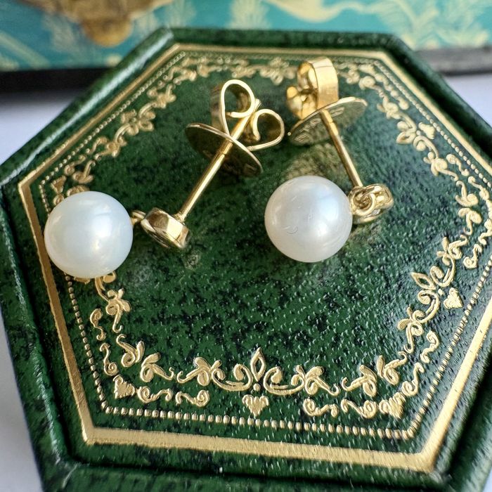 Retro kolczyki złoto 18 k perły diamenty sztyfty Certyfikat