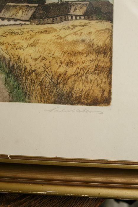 oryginalna skandynawska grafika z wiejskim pejzażem