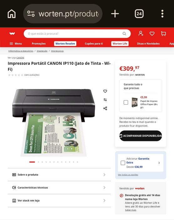 Impressora Portátil CANON IP110 + Cartuchos