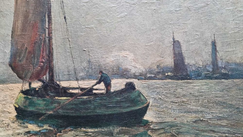 Połów o świcie,  Rudolf A. Guba ur.1884 zm.1950 olej/płyta