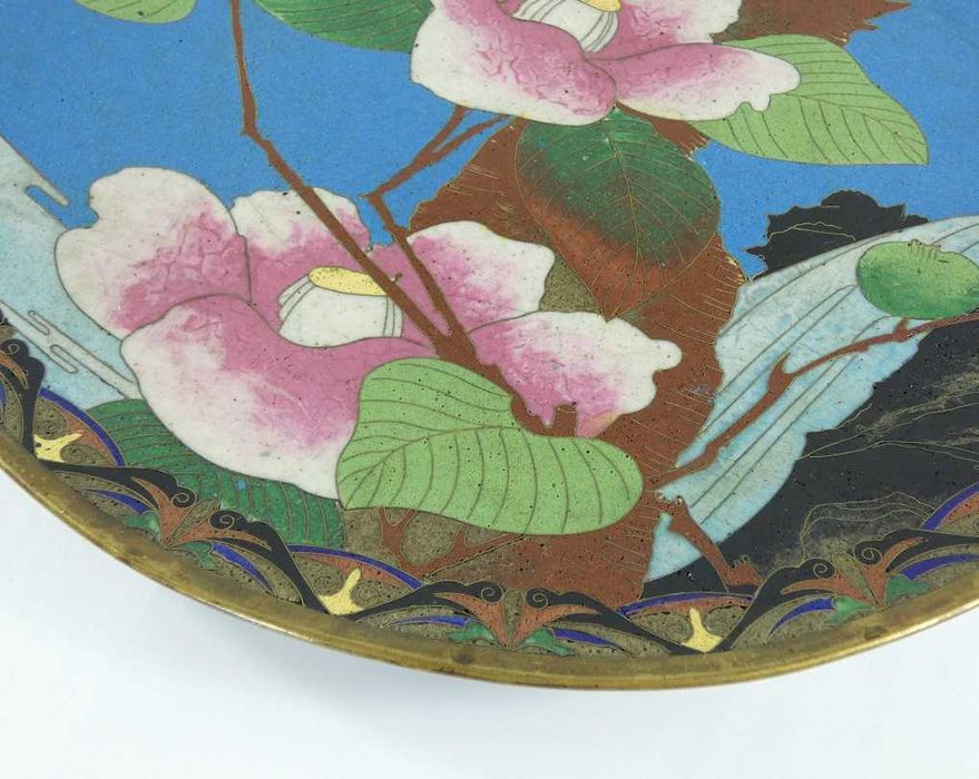 PATERA talerz emalia CLOISONNE ptak kwiat kamelia magnolia 30,5 cm