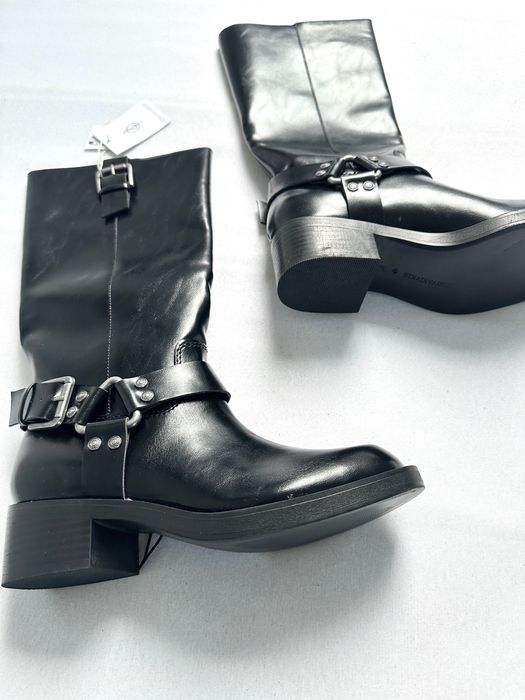 ZARA czarne kozaki biker boots wysokie eko skóra klamra NOWE 37