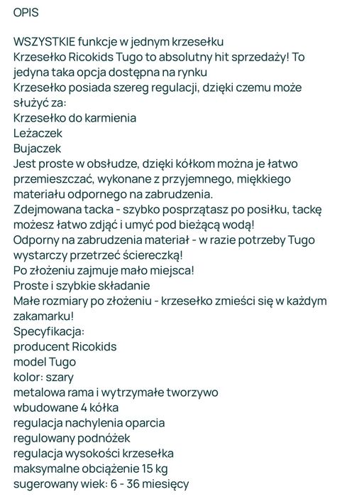 Krzesełko  do karmienia Ricokids Tugo
