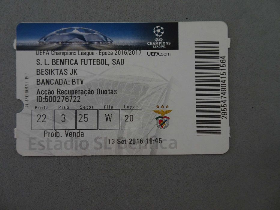 Bilhete de futebol Benfica - Besiktas JK 13 setembro 2016 Champions League