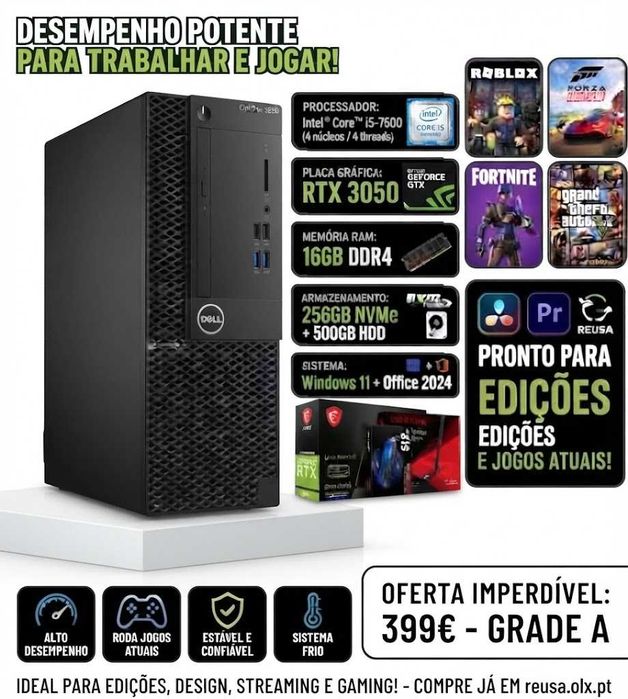 Desktop Dell Low Gaming 7ªG| i5-7600 | 16G-DDr4 | NVMe256 + HDD500 | RTX3050-6G | WiFi | W11