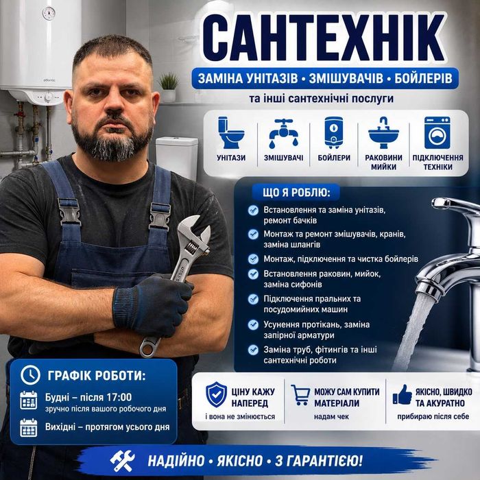 Сантехник: замена бойлера, унитаза, установка смесителя, прокладка труб.