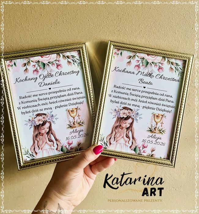 Podziękowanie dla chrzestnych ramka złota A5