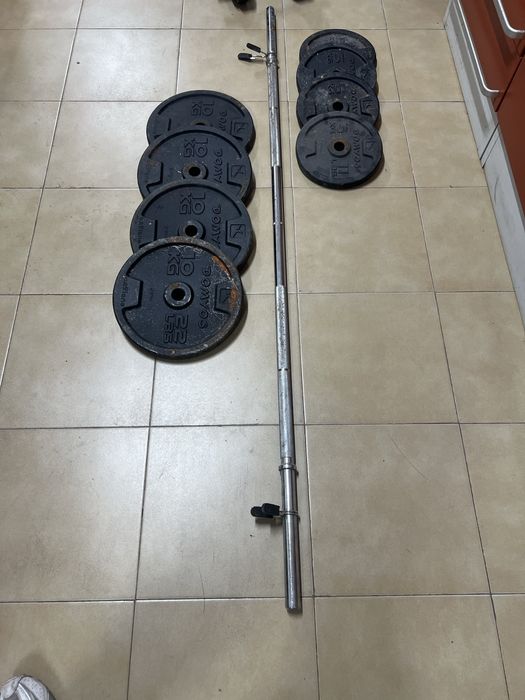 Kit de Musculação Domyos 80Kg em discos + Barra Longa + 2 Halteres