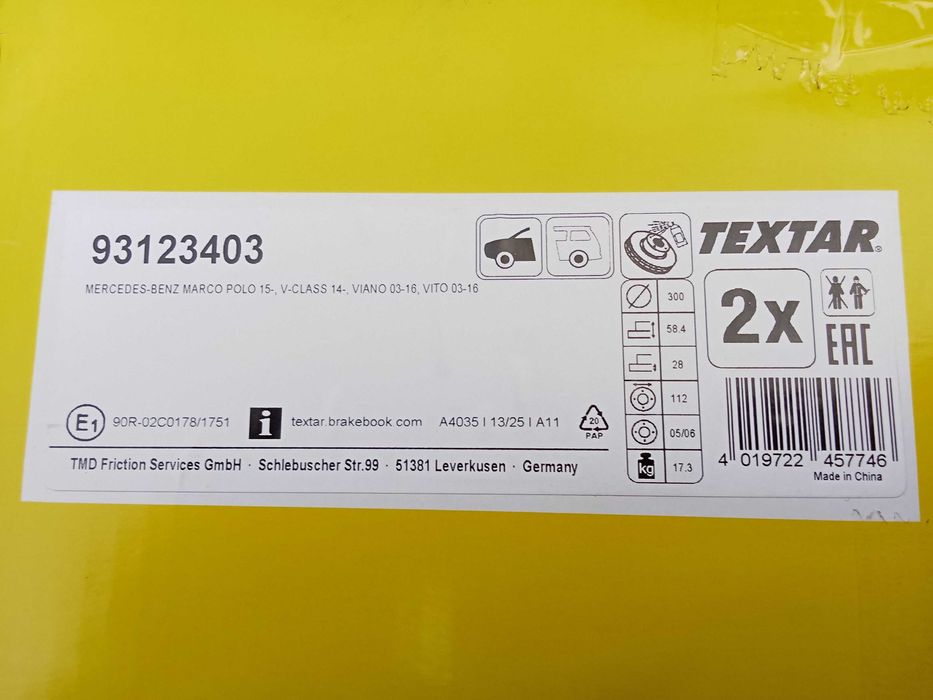 Tarcze hamulcowe Textar 93123403 Klasa Vito Marco Viano