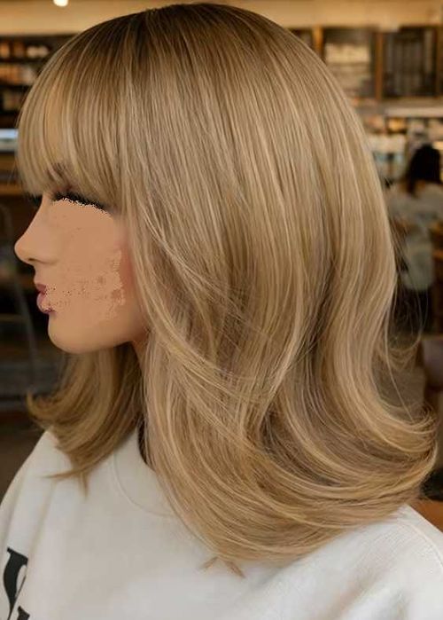 Włosy w kolorze miodowego blondu, long bob