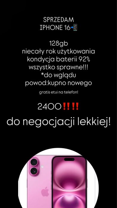 iphone 16 128gb niecaly rok uzywany stan idealny