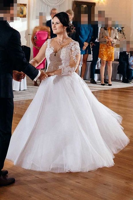 Suknia ślubna 38/40 160cm + 7cm + welon 220cm koronka tiul