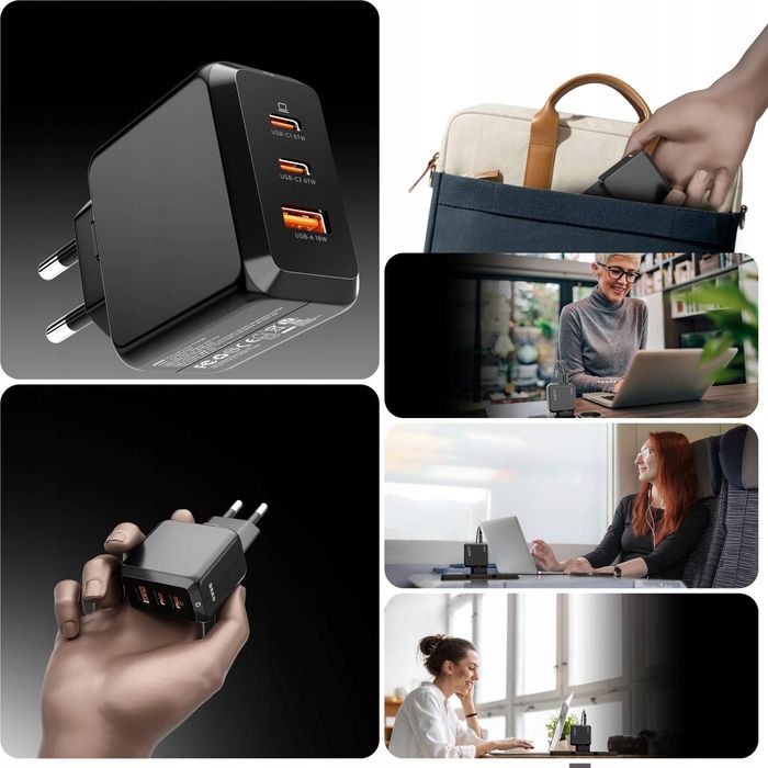Ładowarka USB C DEKO 67W 3xUSB do telefonu, laptopa, tabletu