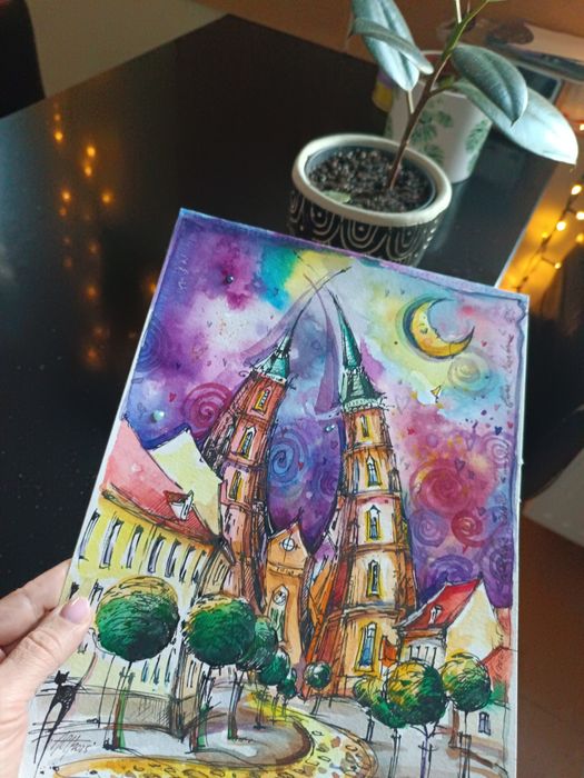 Ostrów Tumski Wrocław akwarela oryginał rysunek szkic Art