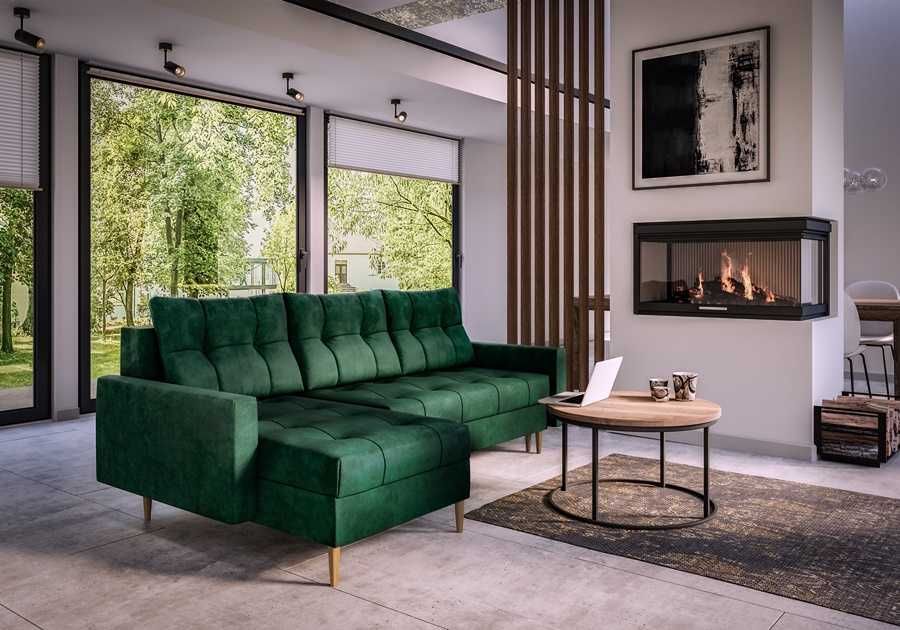 Narożnik skandynawski butelkowa zieleń z funkcją spania 220x140