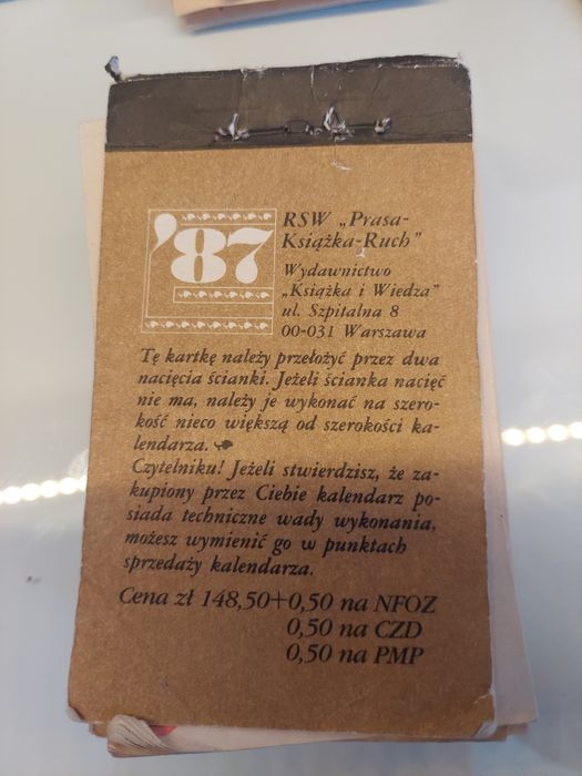 Sprzedam oryginalną kartkę z kalendarza 1987 roku