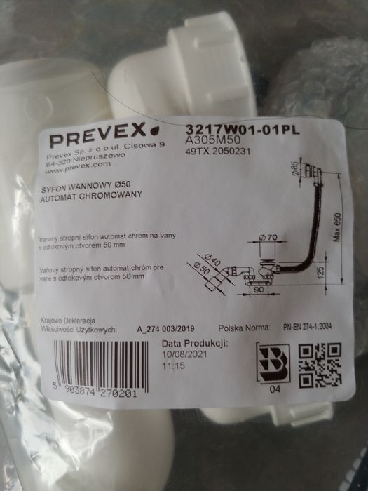 Nowy syfon wannowy Prevex A305M50