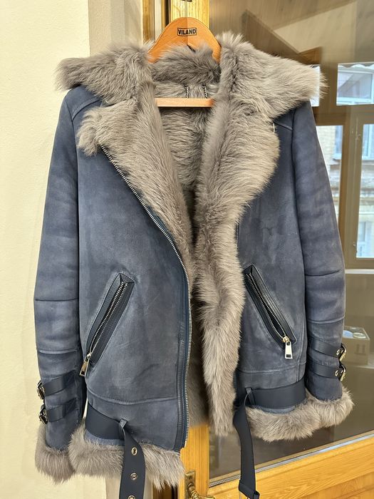 Дубленка авиатор Adamo мех тоскана Италия синяя серая