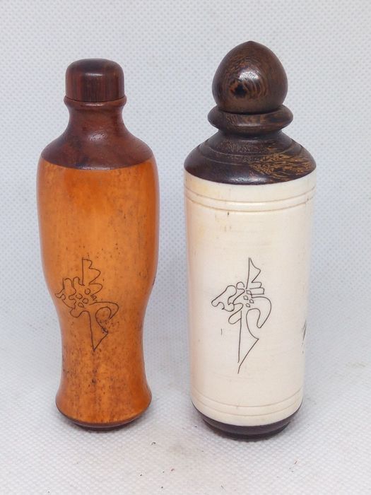 Frascos chineses snuff bottle em madeira e osso