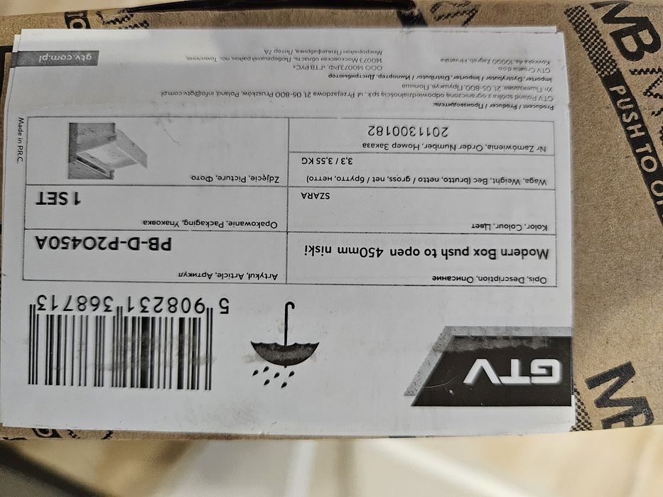 Modern Box push to open 450mm niski Kolor  szara szuflada