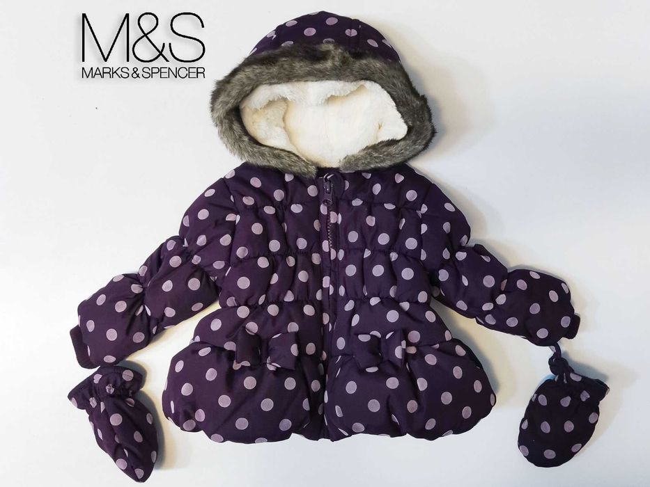 56 62 M&S 2w1 Kurtka zimowa + Rękawiczki Ciepła Kaptur Futro Fioletowa