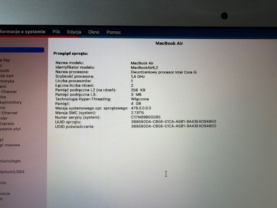 MacBook Air 13,3 cala, Intel Core i5 1,4 GHz/4GB/128GB