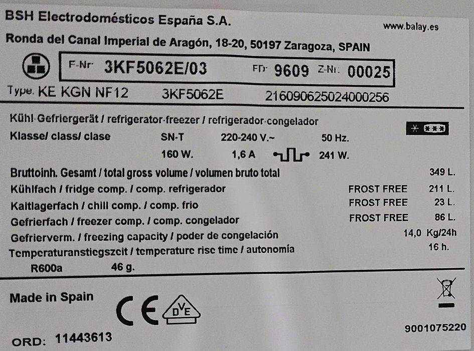 Frigorífico Combinado Balay 320L A++ Como Novo