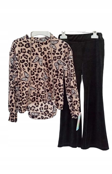 Dres welurowy dla dziewczynki komplet zestaw beżowy nowy 98-104