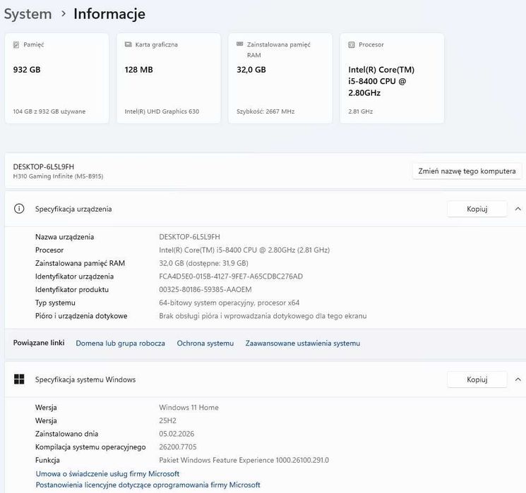 | Komputer | i5-8400 2,80 GHz | 32 GB DDR4 | Samsung 990 EVO Plus 1 TB