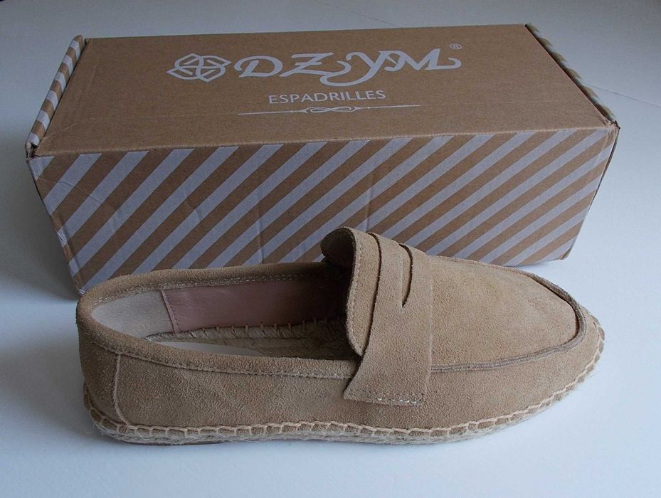ESPADRYLE MOKASYNY, naturalna skóra zamszowa, beżowe, r.38