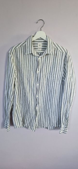 Biała miętowa koszula w paski z długim rękawem len bawełna H&M M L