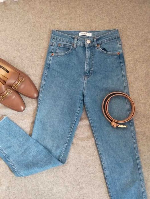 Niebieskie spodnie jeansy dżinsy mom jeans straight wysoki stan