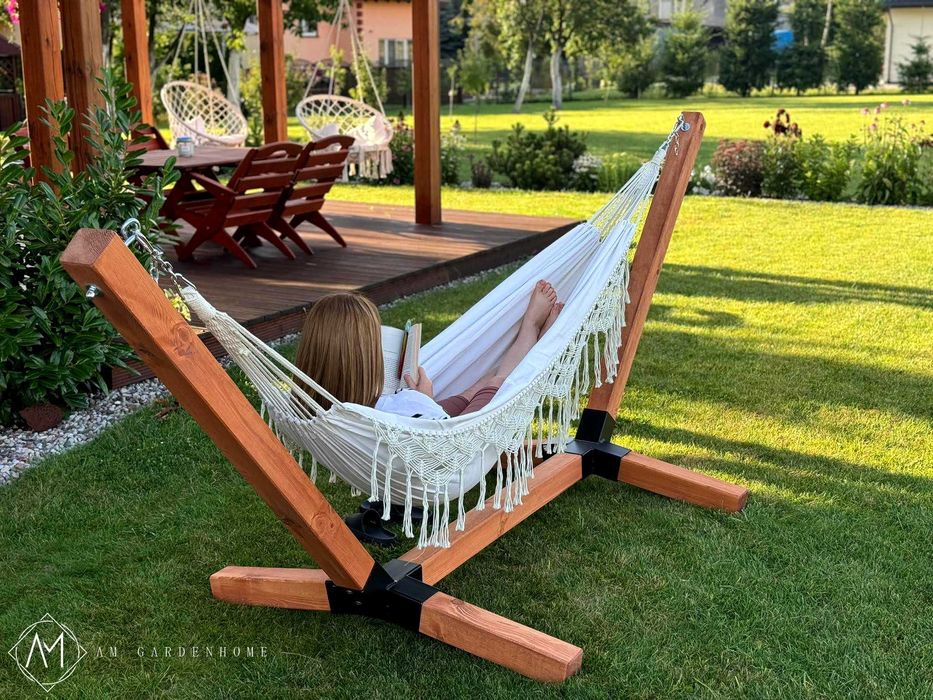 Stelaż + hamak bawełniany BOHO MAKRAMA leżak PREMIUM XXL 10x10 KOLORY