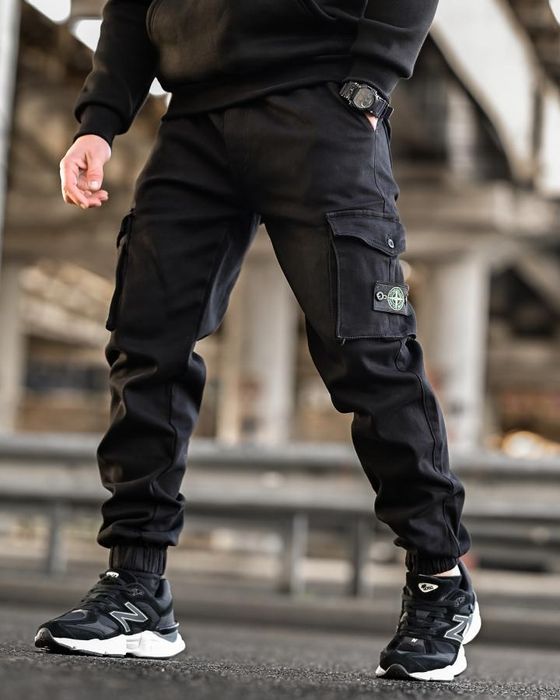 Чорні міські теплі чоловічі зимові штани джогери stone fit black