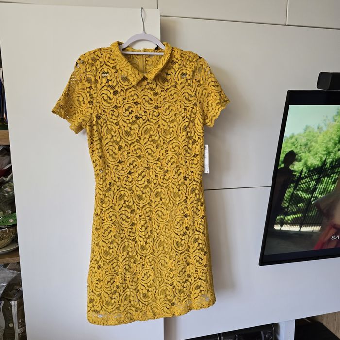 Sukienka Zara l 40 m 38 koronka zakardowa mini krótki rękaw kołnierzyk
