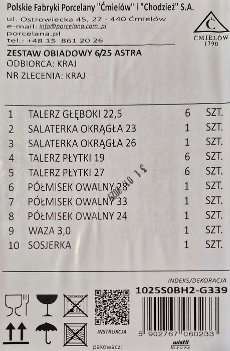 Porcelana Ćmielów serwis, zestaw obiadowy 6/25 nowy