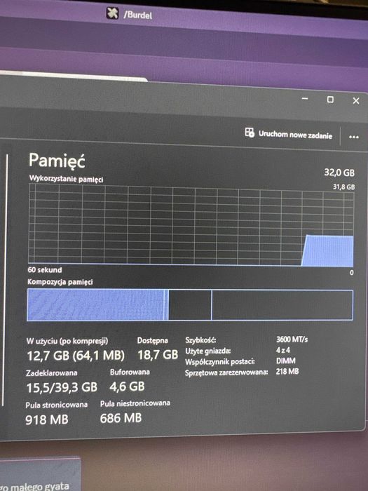 RAM Kingstone Fury Beast o pojemności 32gb (4x8GB) DDR4 cl18 3600MHz.