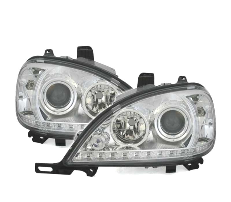 FARÓIS COM LUZ DIURNA LED MERCEDES ML W163 02-05 FUNDO CROMADO