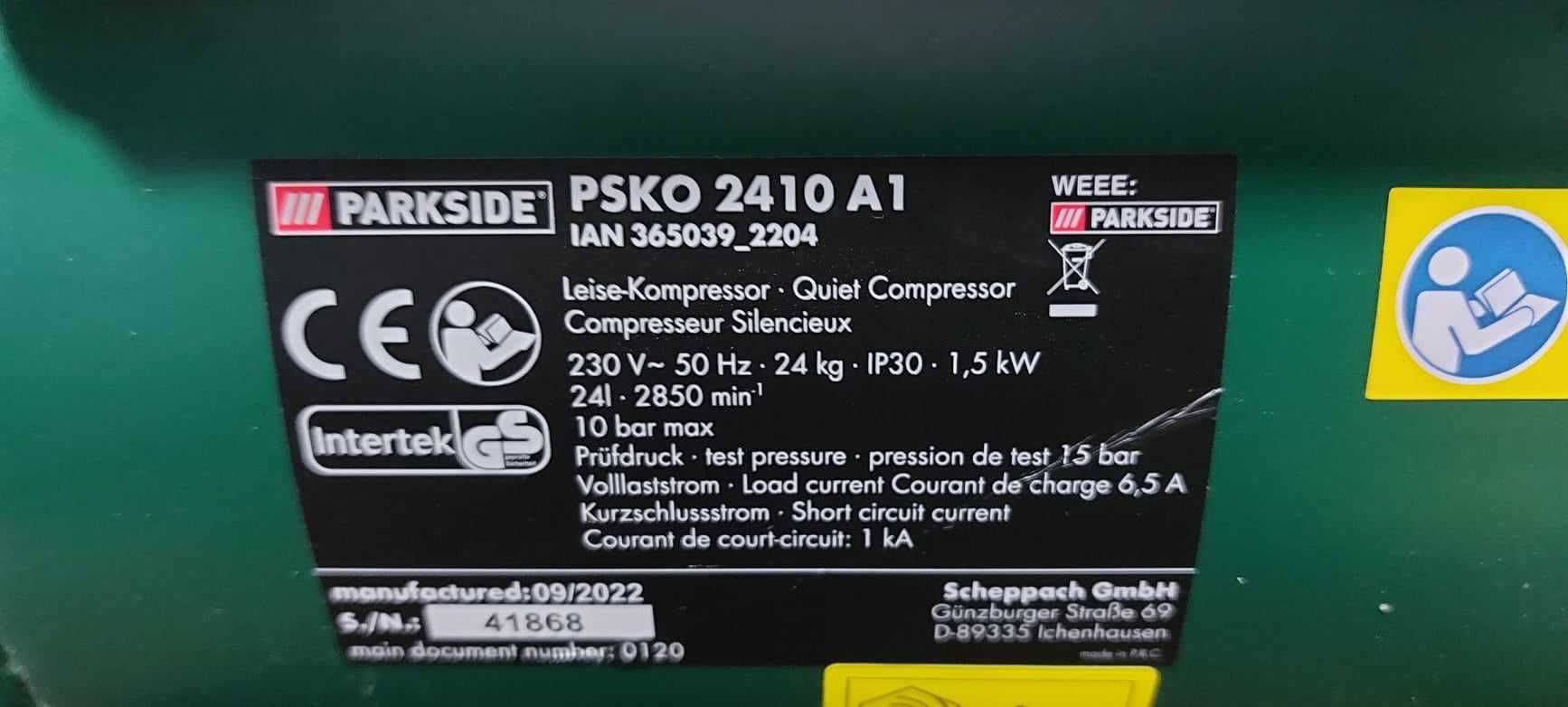Kompresor cichy wyciszony Parkside PSKO A1 • Sierakowice 2410