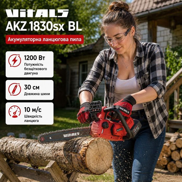Акція! Акумуляторна ланцюгова пила Vitals AKZ 1830sx BL — безщітковий двигун 1200 Вт, шина 30 см | Надійність Потужність  Якість
