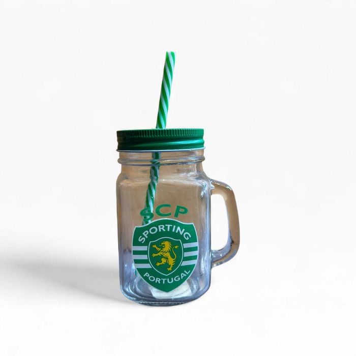 Caneca Vidro Sporting CP Oficial c/ Tampa e Palhinha – 14cm | Nova c/ Etiqueta