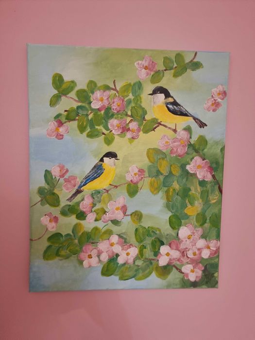 Obraz ręcznie malowany 40x50 – ptaki na kwitnącej gałęzi, wiosenny klimat