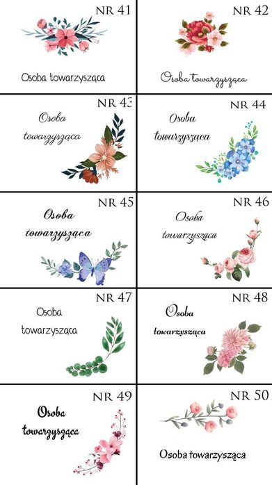 Winietki na ślub wesele 18stkę dużo wzorów kwiatowe chrzest roczek