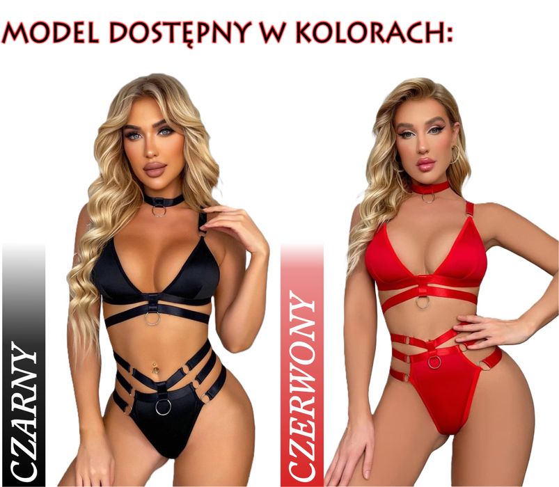 Avalon komplet bielizny na paskach ozdobne kółeczka czerwony