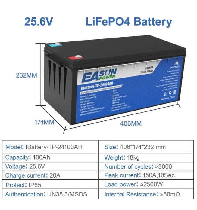 Акумулятор lifePO4 EASUN 24v/100ah